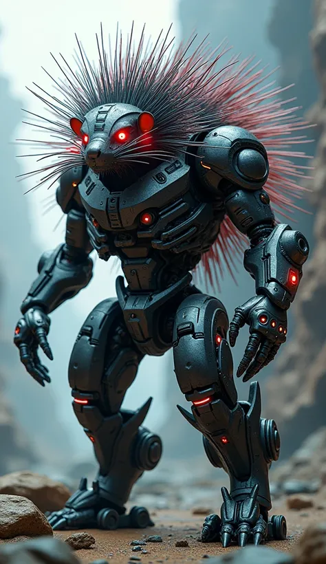 Futuristic giant porcupine forming a large strong robotic body, neon eyesl with superpowers standing on limbs looking towards camera 