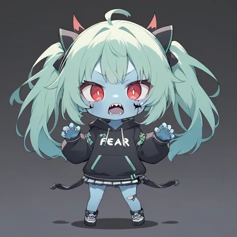 (((Anime))),Character Icon,Pastel One Woman,Chibi,Full Body Shot,zombie,Claw Pose, opens her mouth,Jagged teeth,Long Hair,Green Hair,Red eyes,anger,Big Eyes,Blue skin,Patchwork on face,fear, hoodie,Volume sleeves,(black), simple background,black,Backlight,masterpiece, Redeem,Exquisite,8k, absurd,Ultra-thin illustration,( viewers)