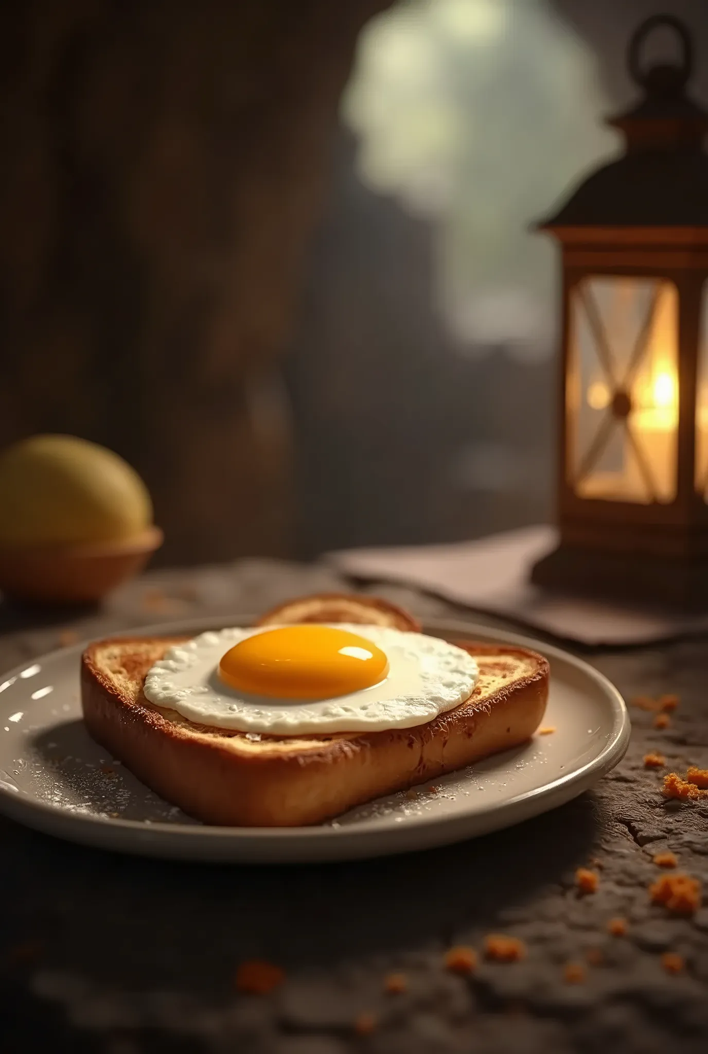  fried egg on top of a slice of bread、Inside the cave、Lantern next to it 