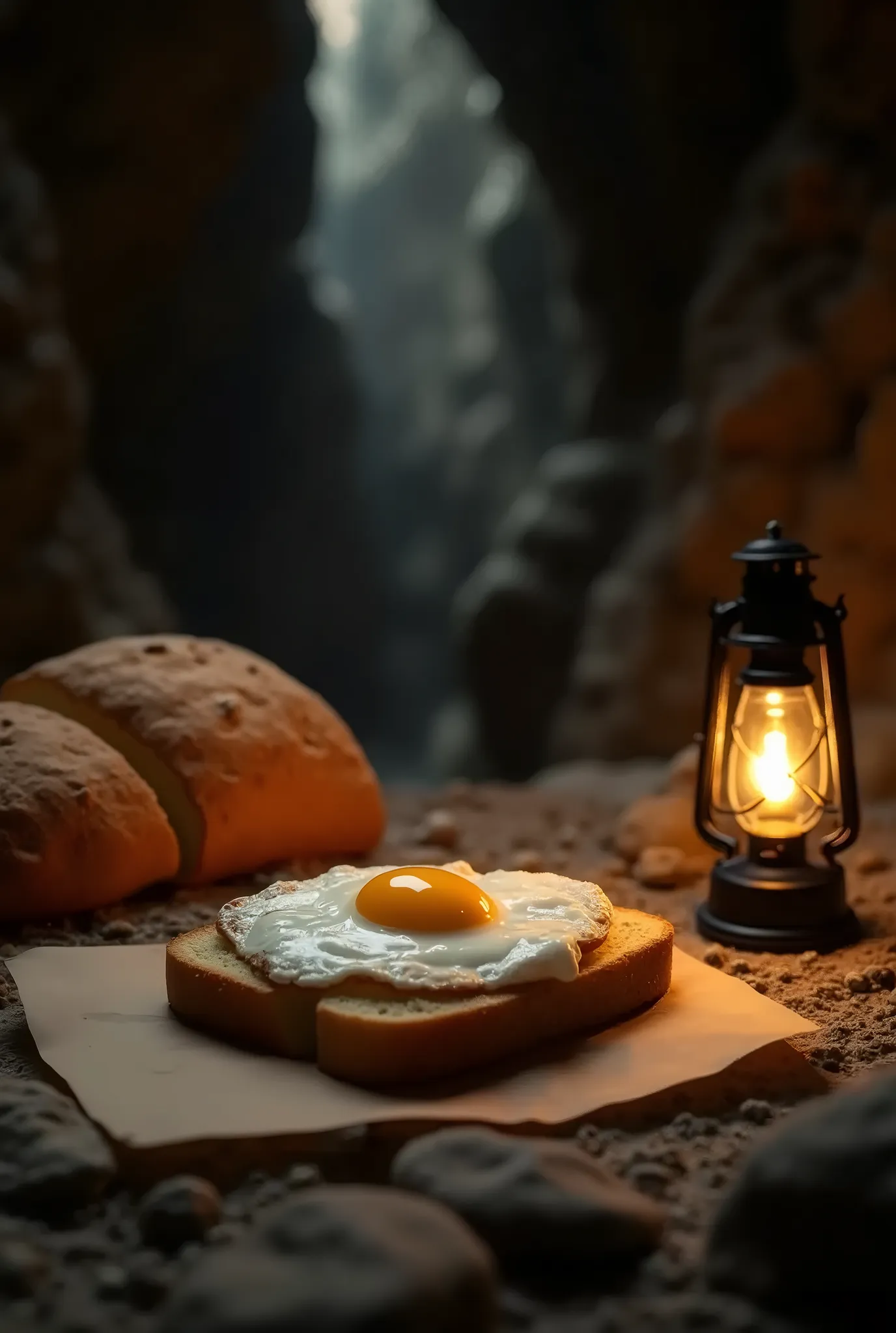 Real、photograph、 fried egg on top of a slice of bread、Inside the cave、Lantern next to it 、 Place a loaf of bread on a piece of paper、Adventure Break 