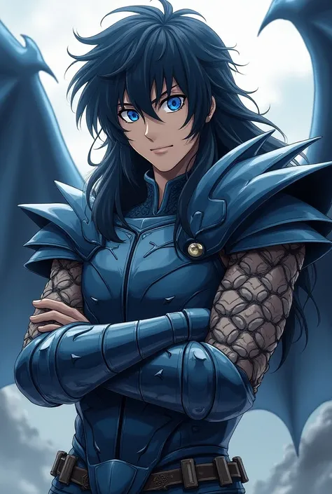 man, young 18 years old,long black hair,blue eyes, Wearing dragon armor from the anime Saint Seiya. anime art