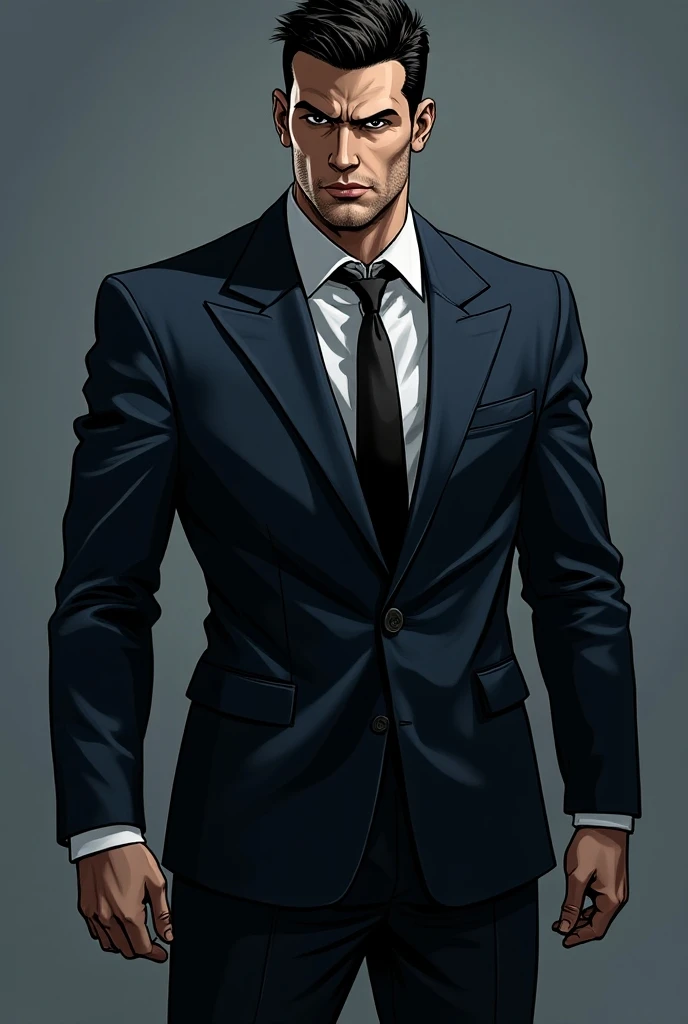 Character illustration in a serious comic book style,  the whole look in a dynamic pose super villain Konstanty Kolen is a tall man with an athletic figure.  His short cut dark hair and strongly outlined jaw give him a raw look . He has dark, deep eyes ,  ...