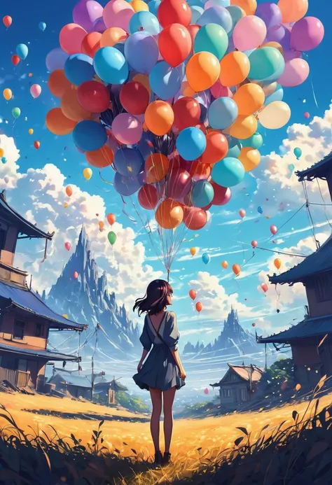  A woman is standing in front of a pile of balloons ,  beautiful artwork illustration ,  Makoto Shinkai Cyril Rolando ,  anime with beautiful anime art work, Official Artwork,  Anime Fantasy Illustration  ,  anime with beautiful anime art , Digital art on ...