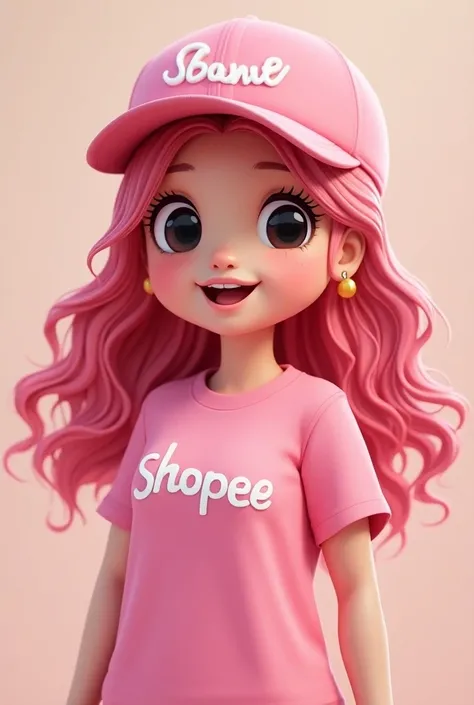 woman white color, black eyes, chubby round face,  with pink cap written SHOPEE long pink hair,  with pink t-shirt written SHOPEE , Chubby arms .