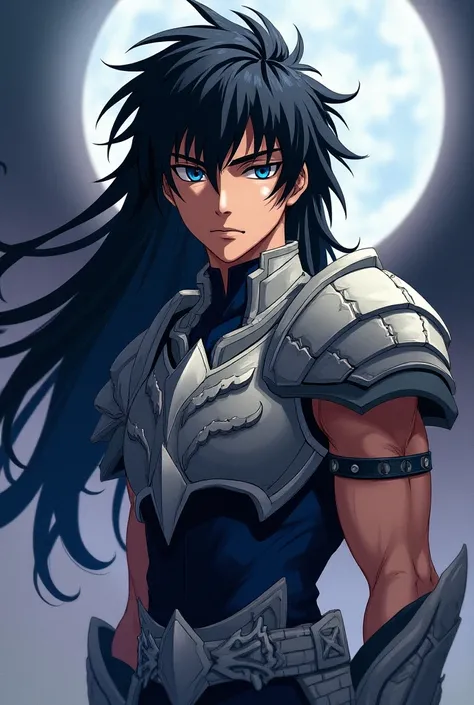 man, young 18 years old,long black hair,blue eyes, Wearing dragon armor from the anime Saint Seiya. anime art