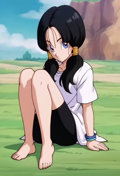 source_anime, score_9, score_8_up, score_7_up, anime screencap,
official style, anime coloring, 
videl, low twintails, black hair, hair tubes,  blue eyes, 
long white shirt, sitting, barefoot, bike shorts,  
outdoors, grass, looking at viewer, 
