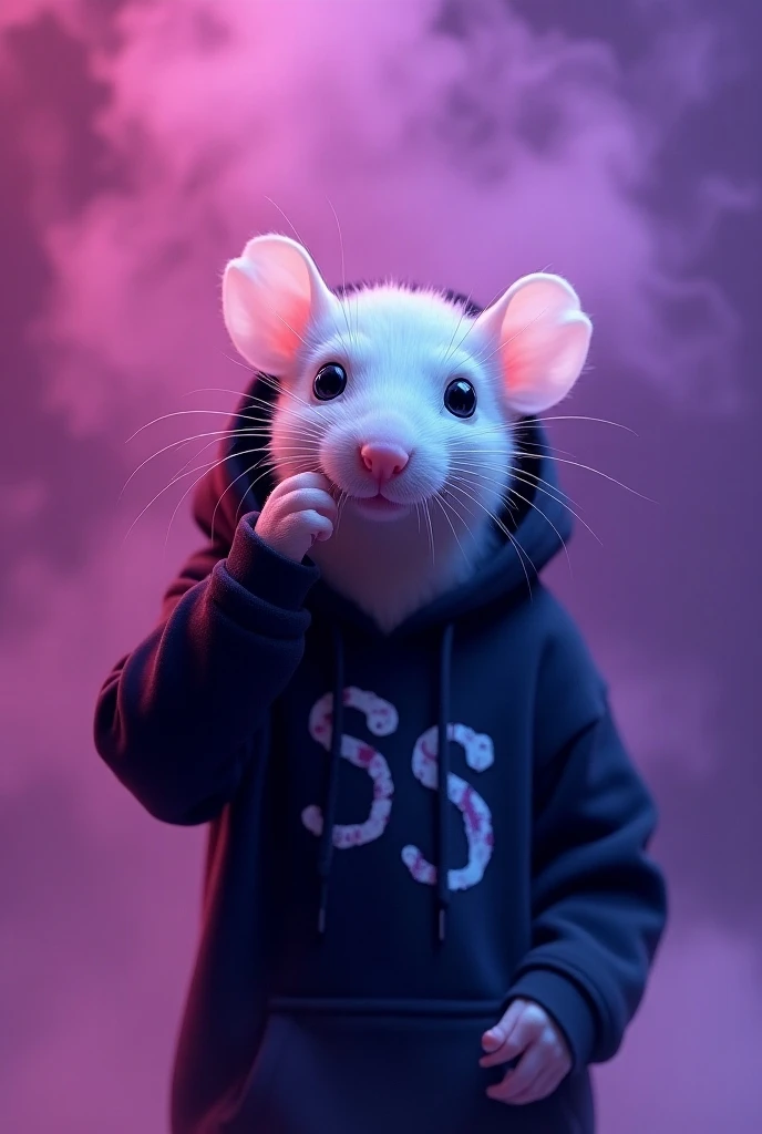 Create ultra realistic image,  white mouse making a gesture shh silence, neon lilac ultra violet wallpaper, smoke special effects, black hooded jacket with graffiti SS branding, realistic face details 