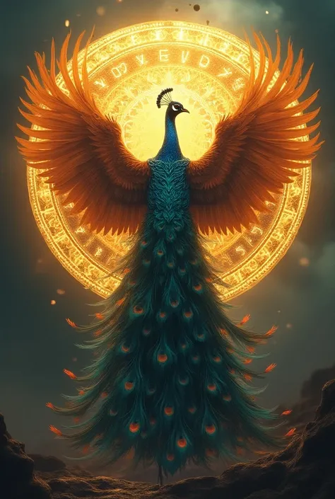 Image of interstellar peacock immortal,the emperor of all peacock phoenix, with gigantic golden rune halo at back,golden halo can distort the higher dimension