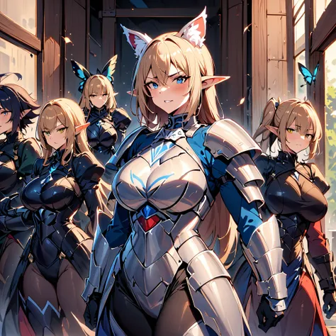 Anime, Berserker, mature womans, milf, elfs ears, butterflys wings, body-armor, Berseker clothes, Berserker clothes, curvy body, multiple womans, berserker, womans surrounding