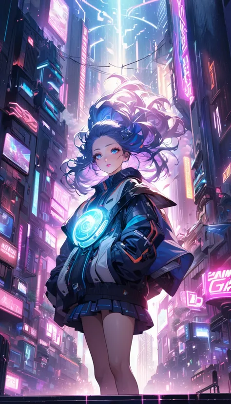 asian girl in the space on alien planet between polar star and big dipper, beautiful detailed eyes, beautiful detailed lips, extremely detailed eyes and face, long eyelashes, futuristic, intricate sci-fi cityscape, neon lights, glowing energy fields, volum...