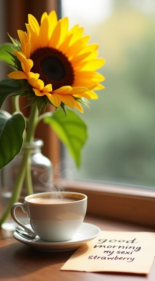  A photo with 12k resolution of a sunflower on the side a cup of hot coffee..  On the side a note with the text  *"Good morning my Sexi Strawberry " 