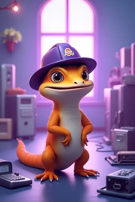 a mascot for the telecom company looking like an iguana with a hat written Icomon representing work safety with telecom equipment and purple