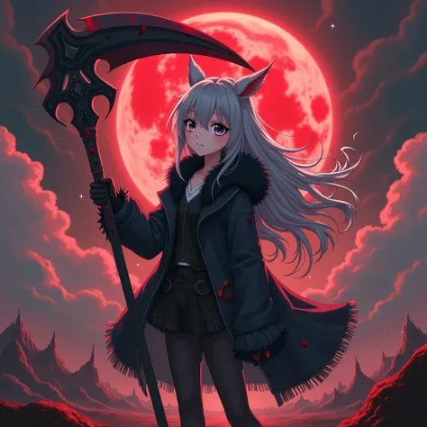 1 girl, anime, grayish black hair, long hair, grayish white eyes, Pointy Ears, wearing a black furry jacket, carrying a black and red scythe, black and red aura, manipulating blood, red moon, sky clouds galaxy view show , fight on the battlefield, High Res...