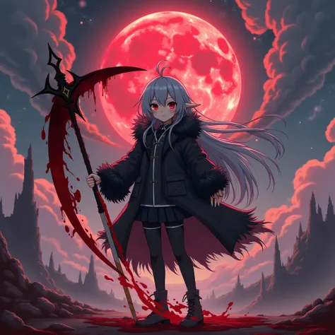 1 girl, anime, grayish black hair, long hair, grayish white eyes, Pointy Ears, wearing a black furry jacket, carrying a black and red scythe, black and red aura, manipulating blood, red moon, sky clouds galaxy view show , fight on the battlefield, High Res...