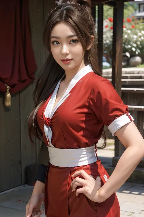 mai shiranui,  brown eyes , the beauty of japan，smiling face long hair, brown hair, (red clothes:1.3)， short-sleeved sailor unif...