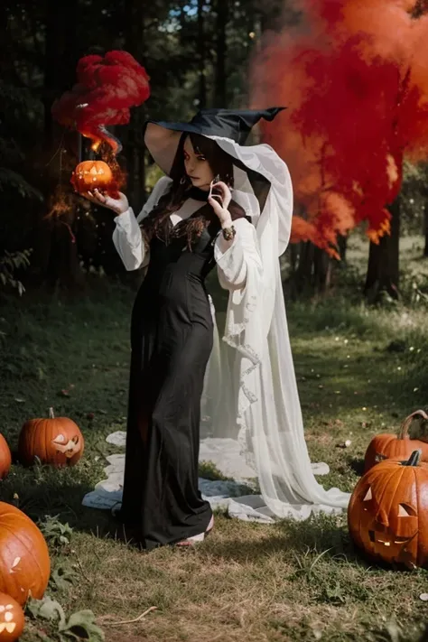  A girl in a long black floor-length dress wearing a witch hat holds a human skull in her hands.  A girl in a long white sheet dress with a white bridal veil is standing next to .  Dark scary forest in the background .  Halloween pumpkins lie on the grass ...