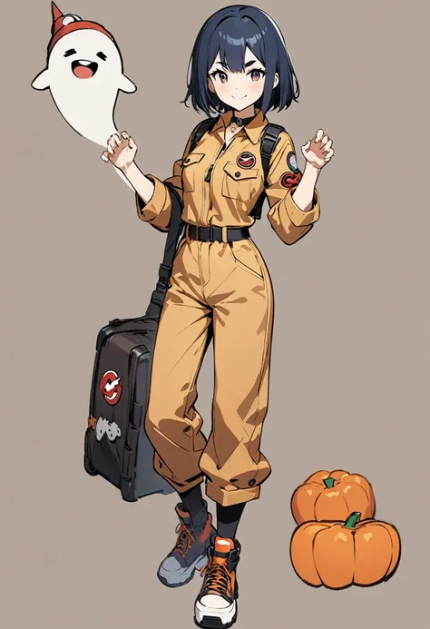 (masterpiece, best quality),concept art,,Girl cosplaying GHOST BUSTERS, (GHOST BUSTERSs jumpsuit(beige color)),Brown-sneakers,Ghostbusters patch,Halloween,at outdoor halloween party, BREAK (girl,16yo,(darkblue hair, wavy-short hair),bold eyebrows,middle sm...