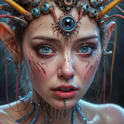 a crying  with many antennas on their body, highly detailed portrait, beautiful detailed eyes, beautiful detailed lips, extremely detailed face, long eyelashes, digital painting, fantasy, surreal, cinematic lighting, vibrant colors, dramatic lighting, awar...