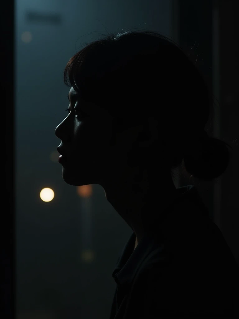 A dark, moody silhouette of an asian with their profile sharply outlined against a dimly lit background. The persons head is tilted slightly upwards, and their face is only partially visible, emphasizing the soft glow of light hitting the edges of their fe...