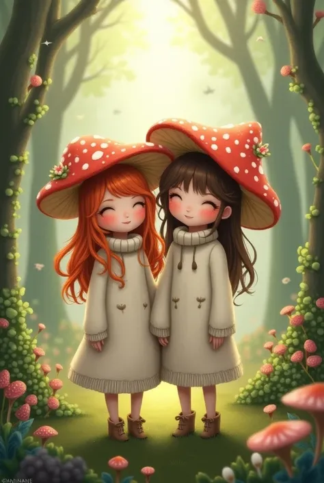 anime Toadstool-girl with ginger hair and fly-agaric girl with light brown hair in long white sweaters and mushroom hats in anime style