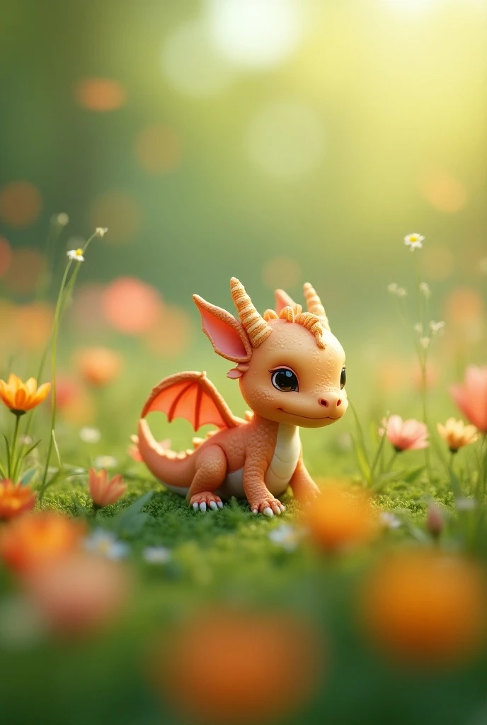 There is a little toy dragon sitting in a field of flowers, a cute little dragon, an adorable digital painting, rendered in Unreal Engine 5, highly rendered Unreal Engine 5, a little character. Unreal Engine 5, cute 3D rendering, Unreal Engine 5 quality re...