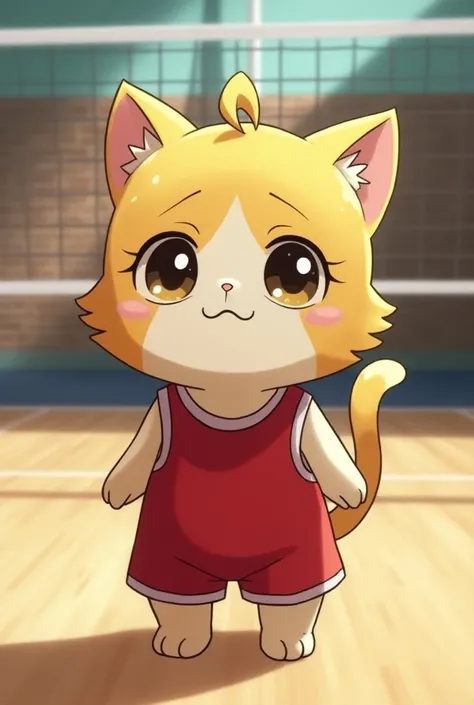 『Haikyuu！！』 cosplayed with Lonely Nail Polisher 、, a cute baby calico cat walking upright on 2 legs 。The cat faces the front and wears a red jersey 、 has blonde hair with the iconic pudding hair of lone nail polish in the center、Sulky look。gym、volleyball((...