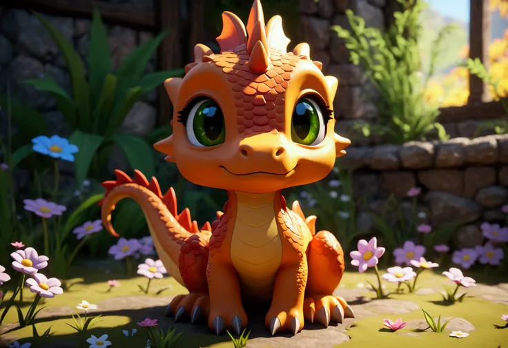 There is a little toy dragon sitting in a field of flowers, a cute little dragon, an adorable digital painting, rendered in Unreal Engine 5, highly rendered Unreal Engine 5, a little character. Unreal Engine 5, cute 3D rendering, Unreal Engine 5 quality re...