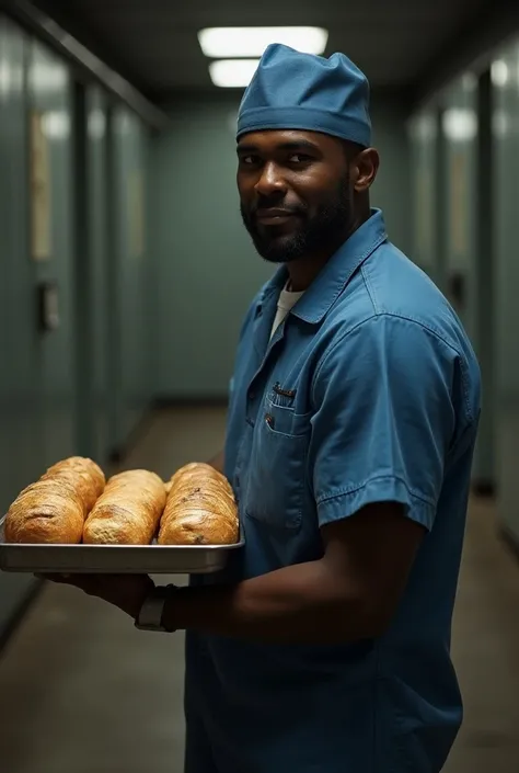 Full image showing the legs and body of a black man in blue prison dress and a bakers cap also holding a tray of full of bread.