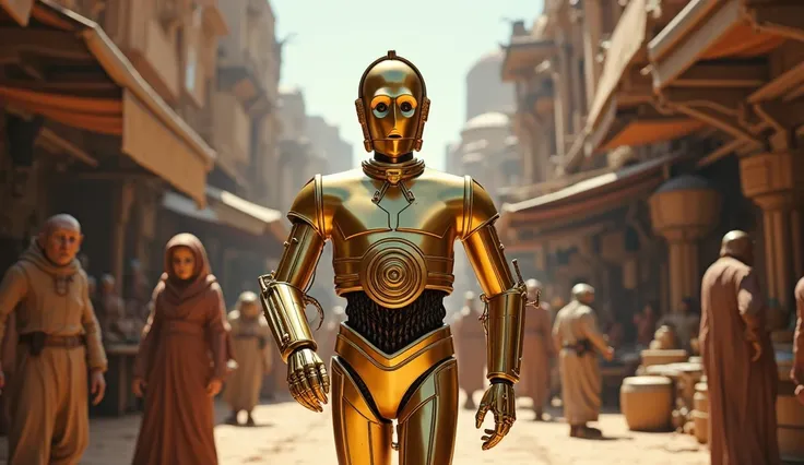 **C-3PO**: Navigating a bustlin alien planet of star wars, filled with strange and colorful aliens. He shines in his golden, humanoid robotic form, with detailed wiring and mechanical joints visible at the neck and elbows. The market stalls are brimming wi...