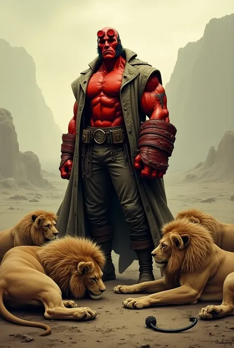 Hellboy standing and a group of lion
sleeping at the land