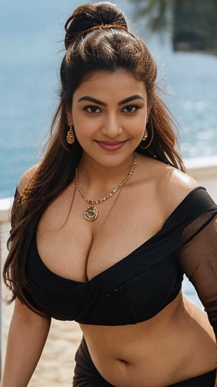 top view, extreme close up photo of sexy indian, big cheeks, curvy, hourglass figure, swooping breasts, deep cleavage, bending over in Cannes film festival, necklace, black saree, look at viewer and subtle smile, ponytail, (cinematic:1.3), intricate detail...