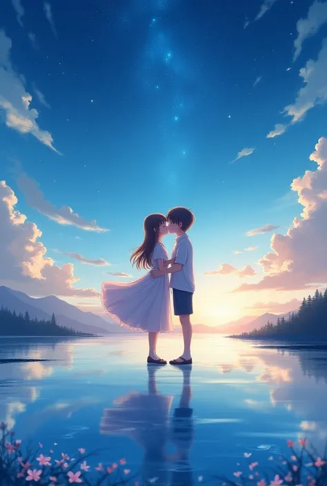 Create an image of a girl and a boy kissing and a landscape in the background with stars and a wonderful sky, anime theme