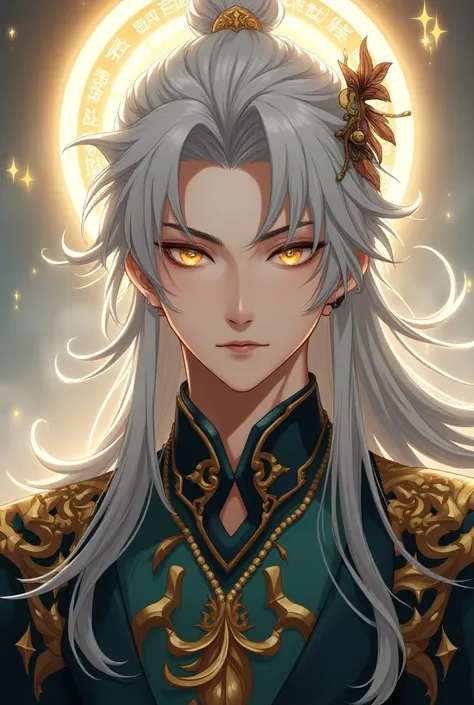 Full body image, handsome  protagonist xianxia,long silver hair, accessories like mini claw on hair,handsome face,golden amber eyes ((make eyes like reality)),calm and  cool aura ,the clothes is like peacock immortal,at back head is god circle with immorta...