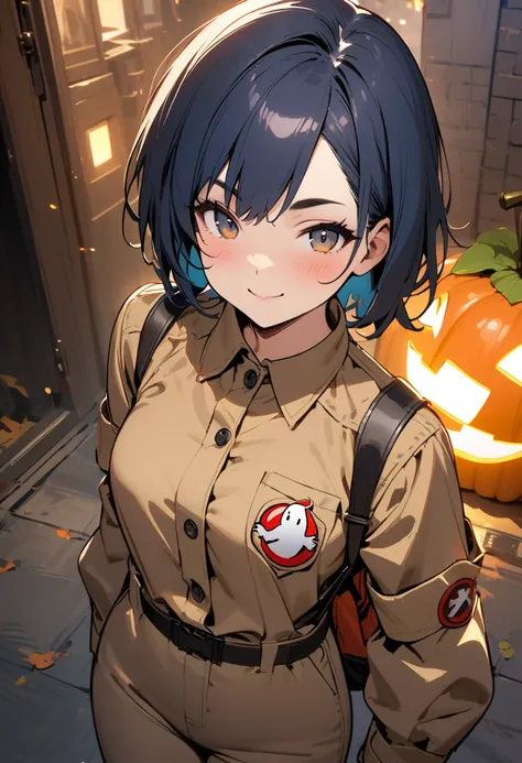 (masterpiece, best quality),concept art,,Girl cosplaying GHOST BUSTERS, (GHOST BUSTERSs jumpsuit(beige color)),Brown-sneakers,Ghostbusters patch,Halloween,in outdoor halloween party, BREAK (girl,16yo,(darkblue hair, wavy-short hair),bold eyebrows,middle sm...