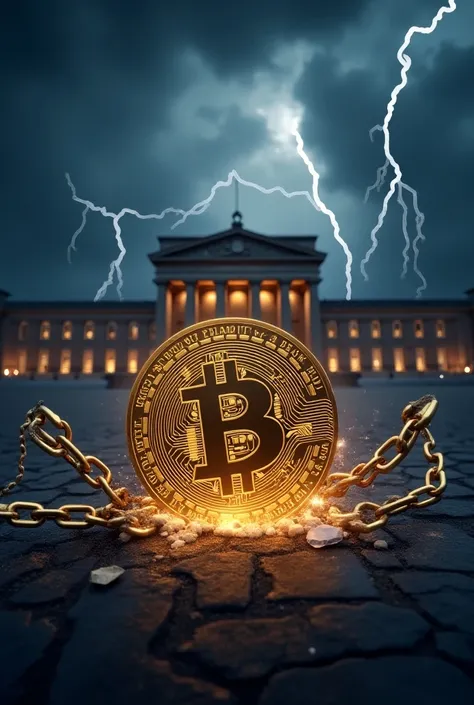 A digital art piece showing a Bitcoin breaking free from regulatory chains, ECB building in the background, dramatic storm clouds, lightning strikes, corporate art style, clean vector look --ar 16:9 --style corporate --v 6