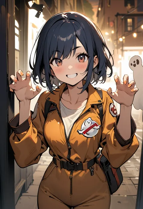 (masterpiece, best quality),concept art,,Girl cosplaying GHOST BUSTERS, (GHOST BUSTERSs jumpsuit(beige color)),Brown-sneakers,Ghostbusters patch,Halloween,in outdoor halloween party, BREAK (girl,16yo,(darkblue hair, wavy-short hair),bold eyebrows,middle sm...