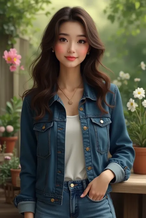 A realistic, pretty, and young woman with long, wavy brunette hair, wearing a trendy blue jacket and jeans. She has a preety pose,, and a slight smile on her face. She has flawless skin, subtle makeup emphasizing her eyes, and is accessorized with delicate...