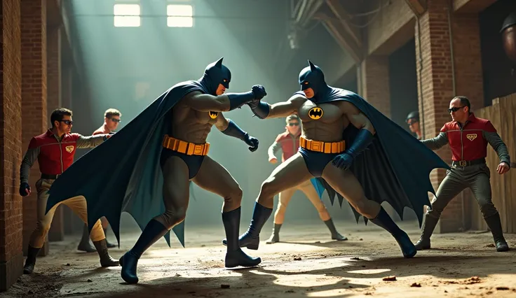 Create a dynamic and realistic scene of Batman and Robin fighting against henchmen dressed as gardeners. The setting is an old brick warehouse. The fighting style echoes the exaggerated choreography of the 1960s but with a more intense and modern visual. B...