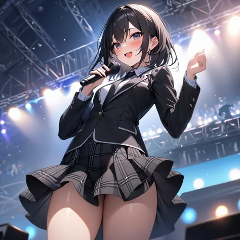 (Highest quality), (masterpiece), (super detailed), (perfect anatomy), (perfect hands), (One high school girl)、Beautiful dark eyes、Short black hair、smile、blush、(Small breasts:1.5)、blazer、 Black Normal Necktie 、 black plaid miniskirt、White ribbon、Beautiful ...