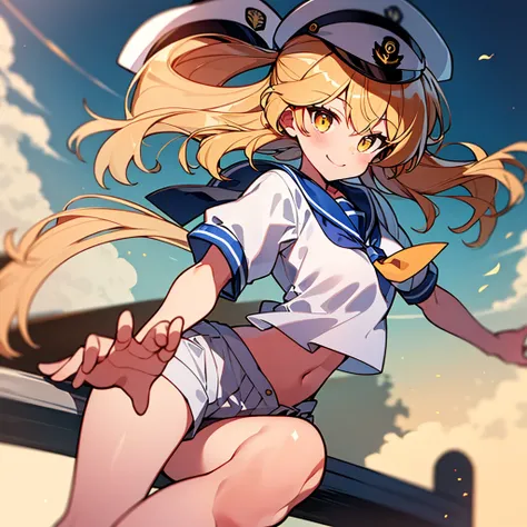 Twin-tailed golden-haired girl in sailor suit, Visible navel, Wear a hat and pants.a drawing of an anime character, clean line drawings, ultra cute girl, ultra cute face, ultra detailed eyes, ultra detailed hair, ultra cute, ultra beautiful, ((high end)), ...