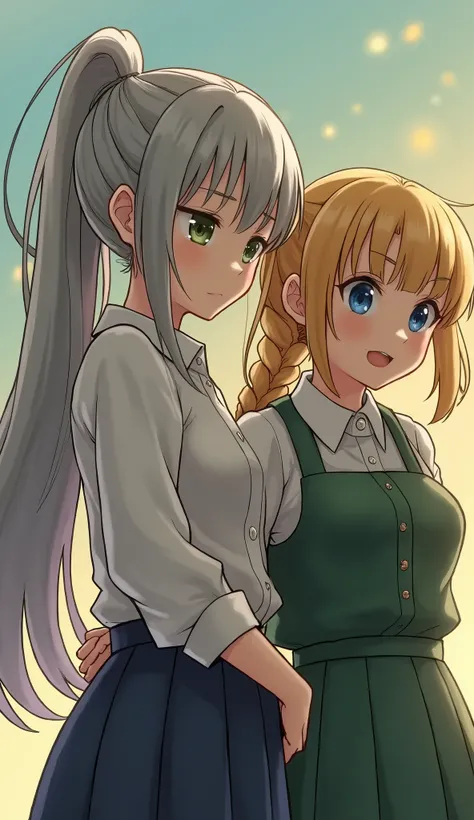 A blond girl with blue eyes in a ponytail 、 is getting her back pounded by a silver-haired girl with green eyes and braids