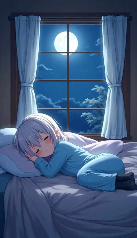 masterpiece, Best Quality,  High Resolution ,  very detailed ,(((Cute girl with white hair))), ((( japanese anime))), (((Light blue pajamas))), (((Black socks))), (((Sleeping on a futon))), (((indoor))), (((night))), (((full moon))), ((( with your eyes clo...