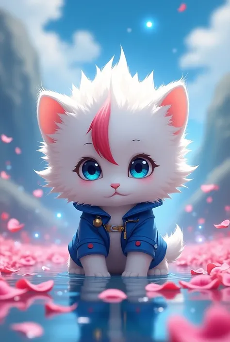 Cute big-headed white kitten dressed as Todoroki Shouto, Super detailed,  High Resolution , Absurd,  High Resolution , masterpiece, Todoroki Shouto, Two-tone hair, Right side is white ,  left side is red , Heterochromia,  right eye is grey , Left eye is bl...