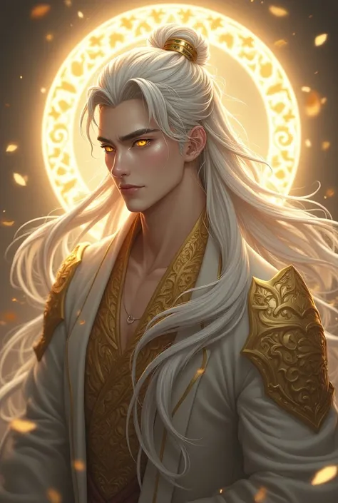 Full body image, handsome  protagonist xianxia,long silver hair, accessories like mini claw on hair,handsome face,golden amber eyes ((make eyes like reality)),calm and  cool aura ,the clothes is like peacock immortal,peacock appearence of clothes style,at ...