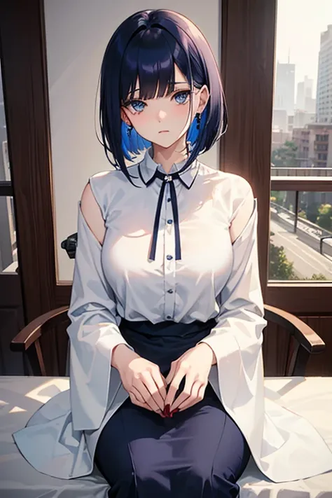 One beautiful girl　 Navy Blue Bob Hair 　blue eyes　Glare　The owner of the house 　White and black dress with long sleeves and a long hem　Drink red wine in a wine glass　Western-style building　Heavy blue chair 