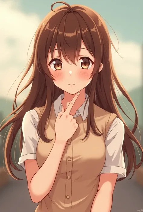 A cute anime high school girl cocoa brown hair with kind personality and empathy Long Hair, and ish behaviour and foodie but perfect body