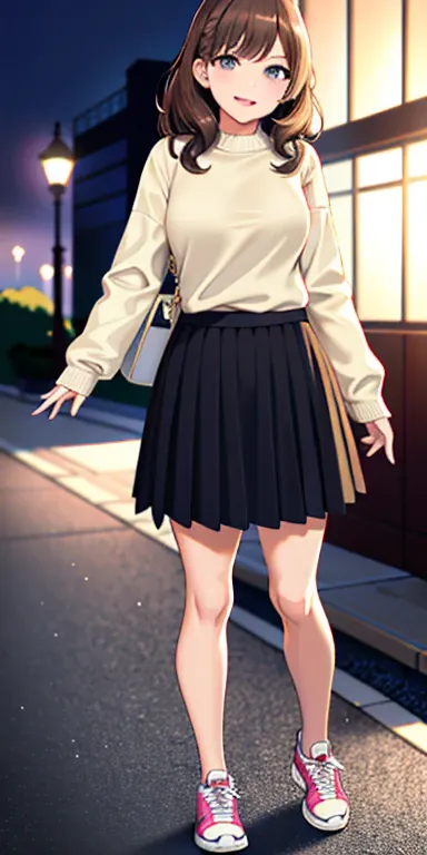  best quality,  1 girl, Alone, standing, Outdoor,  medium hair , Brown Hair,  curly hair,  viewers almost at night, medium breasts, , Full Body, smile, (skirt:1.2), sneakers, checked skirt, Extra Large_sweater, white Extra Large_sweater