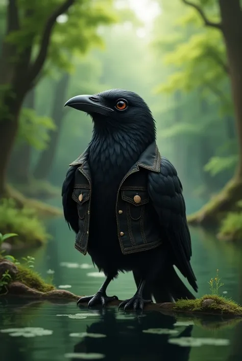 a crow wearing a jacket and happy in a forest with a lake with a black beak 