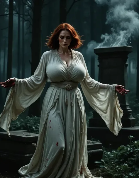 Photorealistic, cinematic style, picture of a beautiful female ghost. ((Shes floating)) over the graves in the old cemetary. (dynamic pose:1.5), Sad expression, ghostly pale skin, flowy white robes, (robes are soaked with blood and blood spatters:1.5). She...