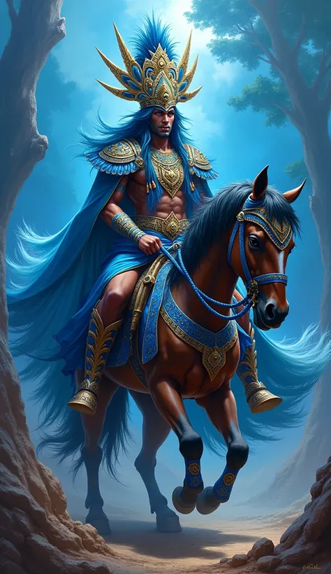 Orixá de Guerra , with clothes, helmet and ornaments in shades of blue ,  displaying a powerful expression ready for battle,  atop a blue-armored horse holding a sword in a vibrant setting